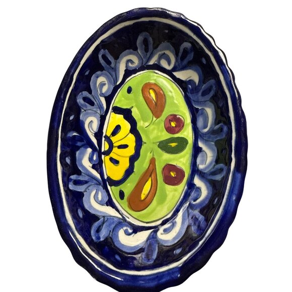 Handcrafted Mexican Talavera by Q Blue Ceramic Oval Serving Bowl 9.25" x 6.25" - Picture 4 of 7